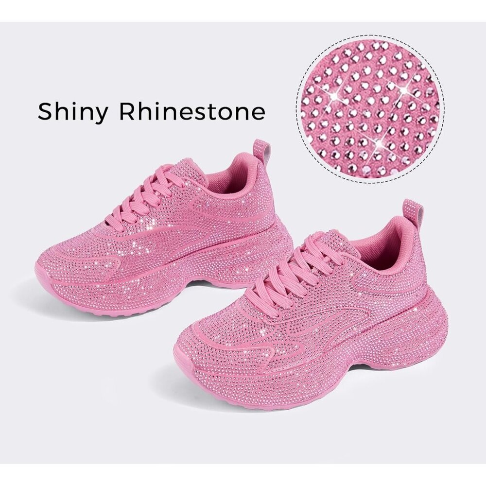 Women's Rhinestone Pink Chunky Sparkly Casual Shiny Sneakers Shoes Footwear - Picture 5 of 9